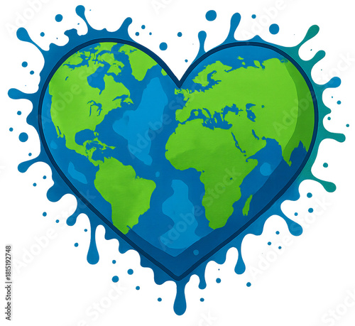 Earth Map in Heart Shape Water Splash – PNG File on Transparent Background, Sustainability Artwork