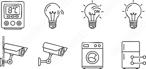 Smart home device line art icons thermostat, light bulb, security camera, washer, fridge