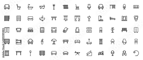 Interior & furniture icon set. Minimal vector line ions pack. Includes armchai, bathtub, bed, sofa, tabl, chair, closet, lamp, sin, mirror and more. Editabl stroke.