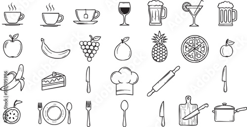 Handdrawn collection of food, drink, and kitchen utensil icons, featuring fruits, beverages, and cooking tools in a doodle style