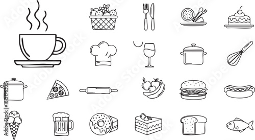 A collection of handdrawn style food and drink icons, including coffee, fruits, cutlery, and various dishes