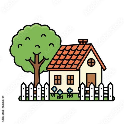Cute House with Fence and Tree Cartoon Illustration