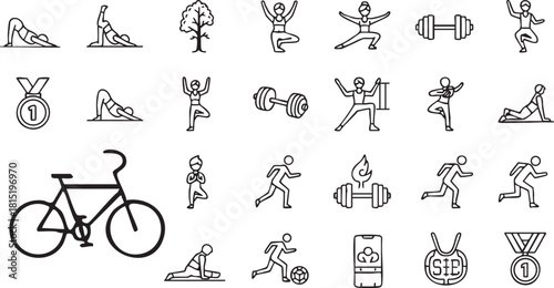 Various line art icons depicting fitness activities and sports like yoga, running, cycling, and weightlifting
