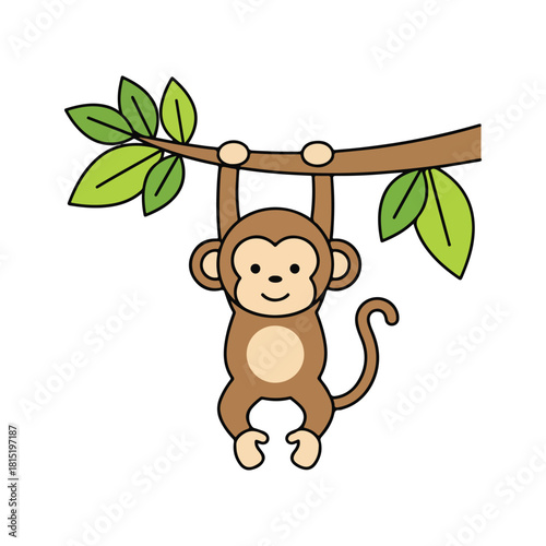 Cute Monkey Hanging on Branch Cartoon Illustration