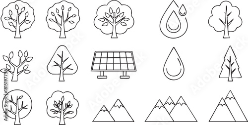 Handdrawn environmental and nature icons various trees, water drops, a solar panel, and mountains