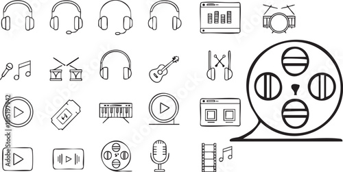 A collection of black and white line art icons representing various aspects of music, audio, and film production