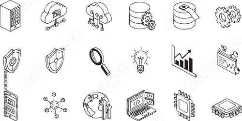 Isometric line icons set for technology, data, network, security, and business concepts