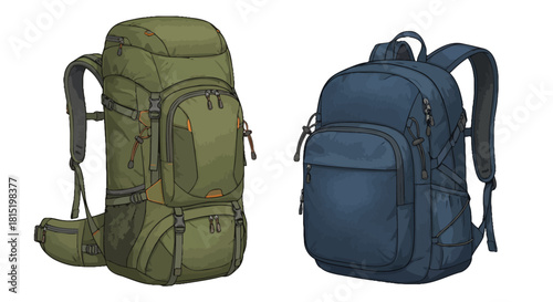 Illustration of two versatile backpacks a robust olive green hiking rucksack for outdoor adventures and a sleek navy blue daypack, ideal for everyday use or travel