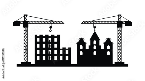 Towering construction cranes building a modern city skyline
