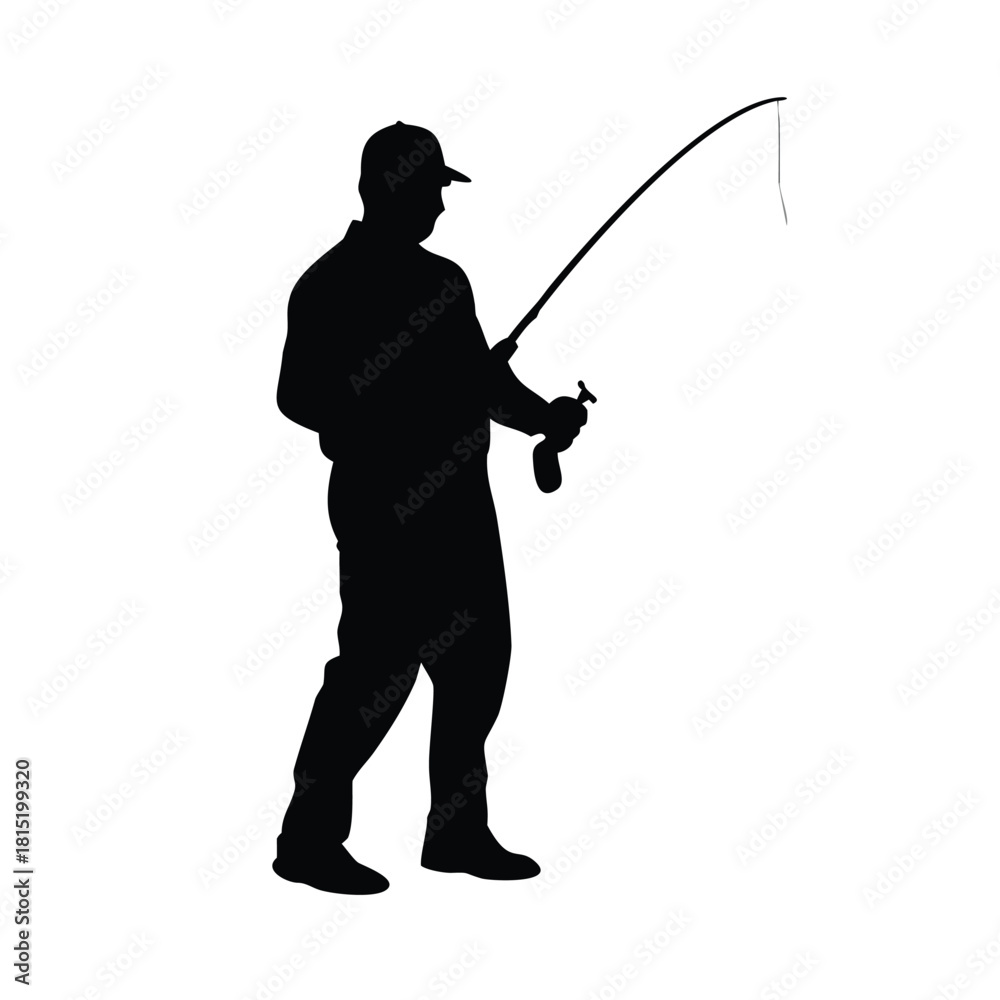 Obraz premium Silhouette of a fisherman in classic attire, fish man icon on white background 