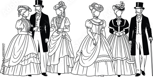Victorian era fashion illustration with elegant women and gentlemen, historical clothing design, vintage costume artwork showing classic period style and formal attire