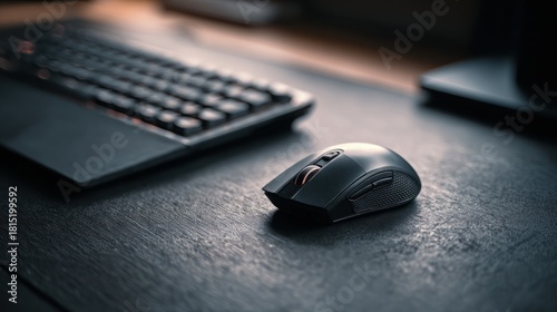 Sleek wireless mouse next to a modern laptop keyboard on a dark surface