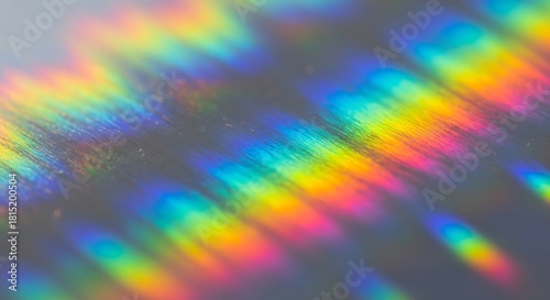 Vibrant holographic rainbow light refraction on a textured surface.