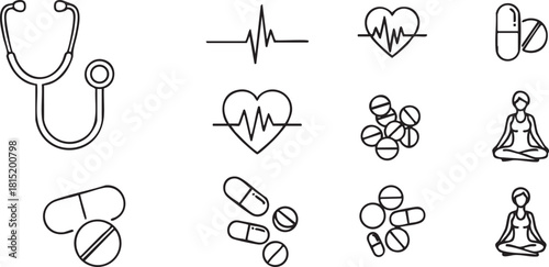 A collection of line art health and medical icons including a stethoscope, heartbeat, heart, pills, and a person meditating