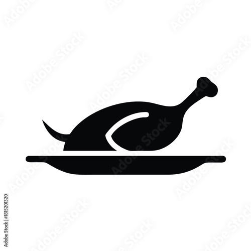 Juicy fried chicken drumstick delight in simple Black icon , silhouette of chicken in plate 