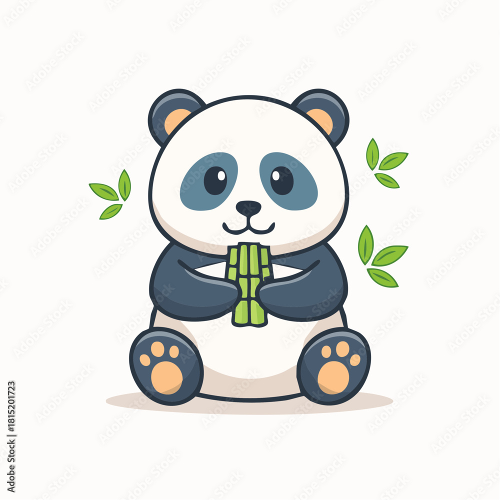 Fototapeta premium Cute Cartoon Panda Bear Holding Bamboo Shoots Illustration.