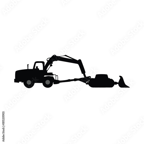 A silhouette of an excavator towing a bulldozer on a white background