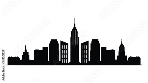 A black silhouette of a city skyline against a white backdrop