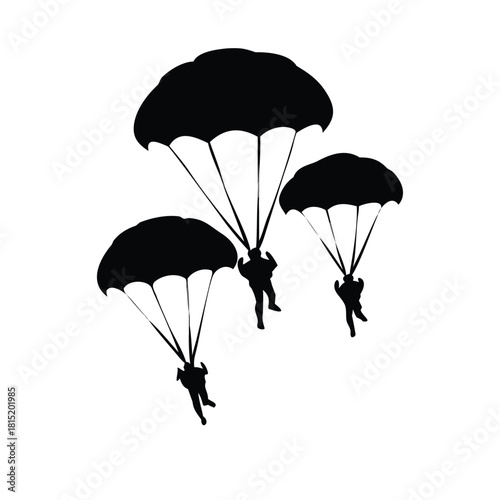 Three silhouetted skydivers with parachutes against white backdrop