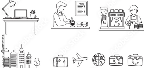 Line art illustrations of daily life and leisure home office, coffee shop, city skyline, and travel icons
