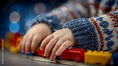 Small child hands playing with colorful toy train and blocks track, wearing cozy knit sweater with soft bokeh lights creating warm festive atmosphere