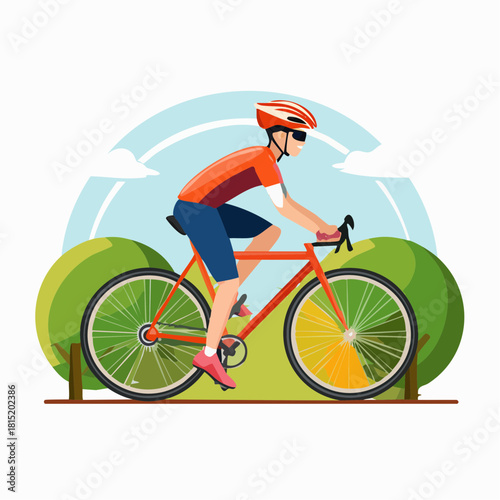 Cyclist in Orange Jersey and Helmet Riding a Red Bicycle.