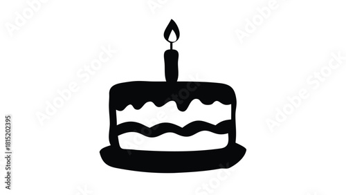 A silhouette of a three tiered cake with a single candle on top