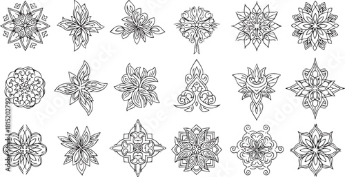 Intricate black and white floral and mandalalike decorative design elements, featuring symmetrical patterns