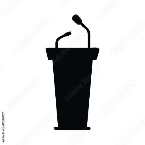 A black podium with two microphones on a white background
