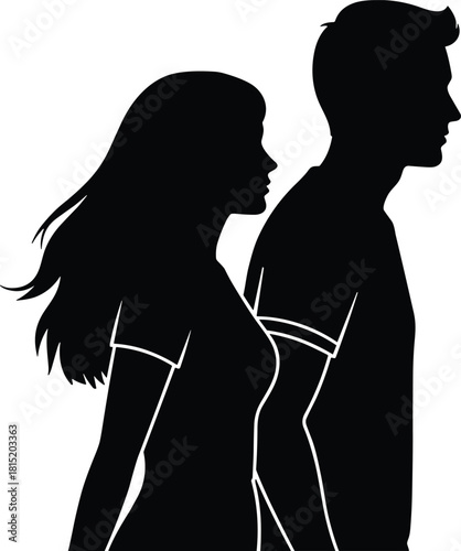 Silhouette of man and woman standing side by side representing relationship, couple conflict, emotional distance, partnership concept in minimalist black illustration