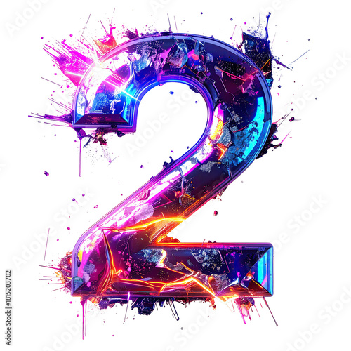 3d number 2 glitch neon burst texture with vibrant light tearing on white