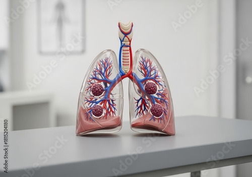 Anatomical model of human lungs, showcasing the respiratory system and potential health issues.