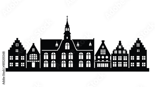 A silhouette of various buildings against a plain white background