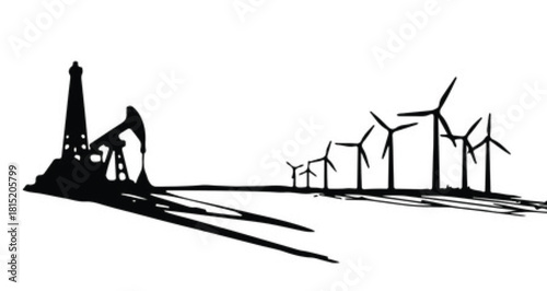 Minimalist Black and White Oil Pump Jack and Wind Turbines Illustration