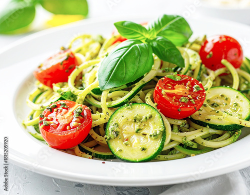 Zucchini noodles tossed in pesto, topped with cherry tomatoes and basil. AI