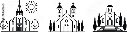 Set of church building illustrations with religious architecture, cathedral line art, chapel symbols, Christian landmark designs for faith, worship, history, and cultural graphics