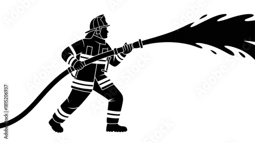 Black and white silhouette of a reflective firefighter in full gear crouching, white protective suit with stripes, helmet beside, stark contrast, bold clean lines, dramatic composition. Transparent ba