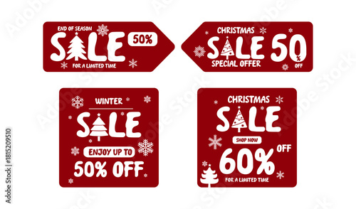 Simple Christmas sale label set, 50 60 percent discount. Vector label illustration.