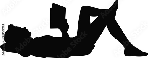 Relaxed woman silhouette reading book, lying down illustration, peaceful leisure activity graphic, calm lifestyle design for education, relaxation, and wellness concepts