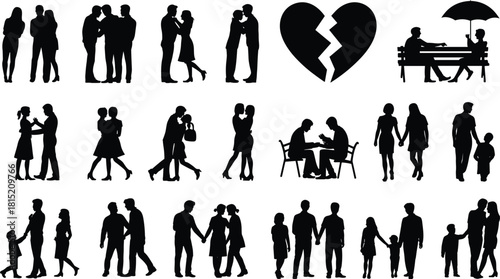 Romantic couple and family silhouette collection featuring love, relationships, parenting, broken heart symbol, and emotional interactions in expressive vector illustration
