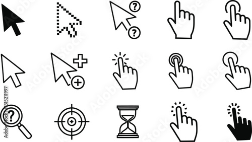 Set of different mouse cursors and hand icons in black and white