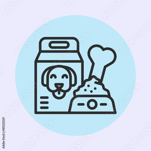 A line art illustration depicting a bag of dog food next to a bowl of kibble with a bone, set within a light blue circle.