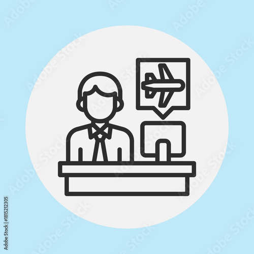 Icon of a travel agent or airport staff member at a desk with a computer and an airplane symbol in a speech bubble, representing travel services.