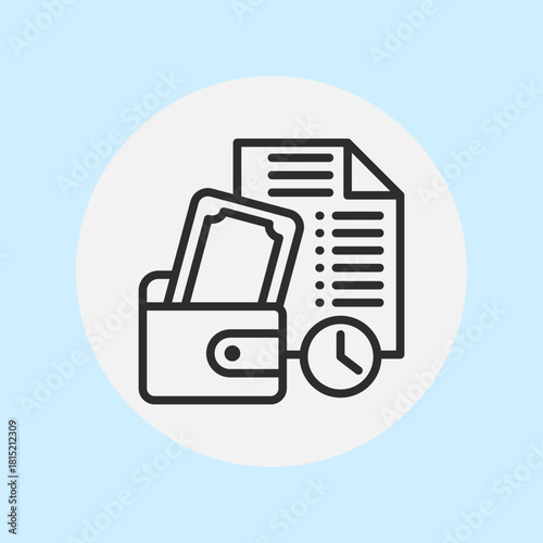 Outline icon of a wallet with money, a document, and a clock, symbolizing financial management, budgeting, and timely payments.