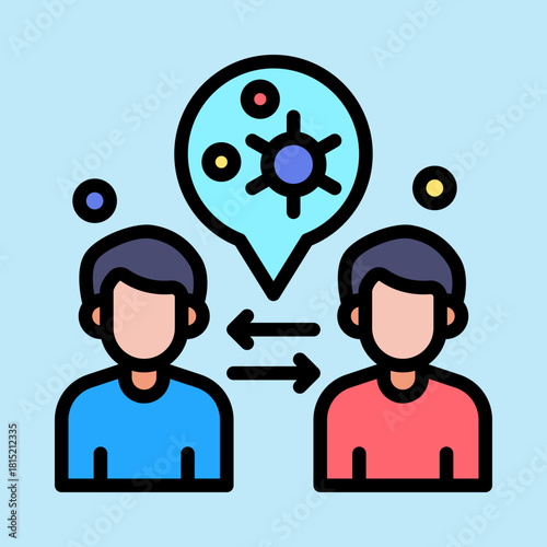 Two people communicating about health issues or disease transmission, depicted with a virus icon in a speech bubble.