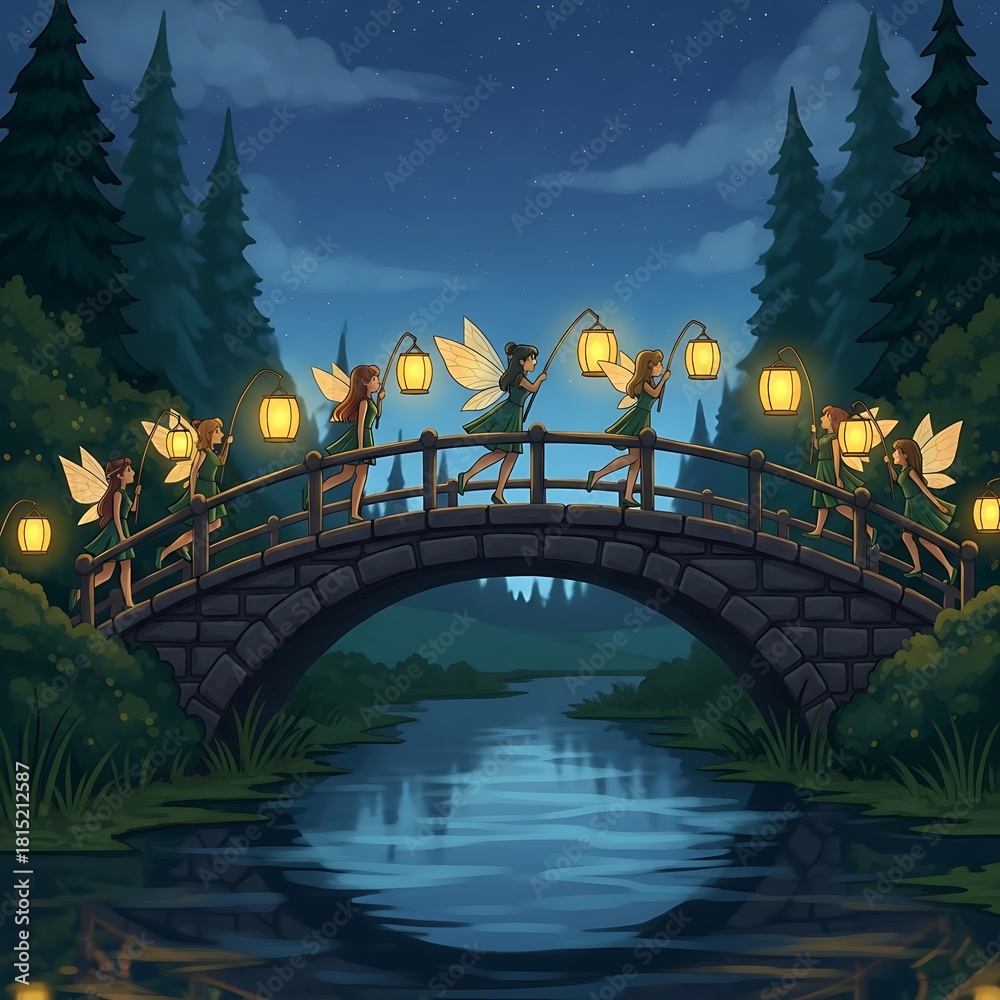 Fototapeta premium Fairies crossing a bridge at night with lanterns.