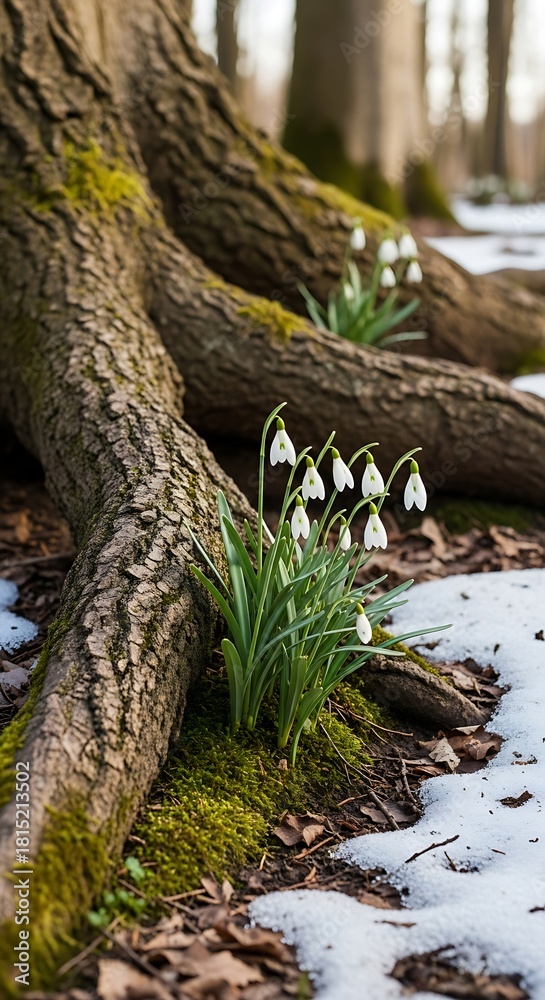Fototapeta premium Delicate Snowdrops Emerge from Snowy Forest Floor Near Ancient Tree Roots.