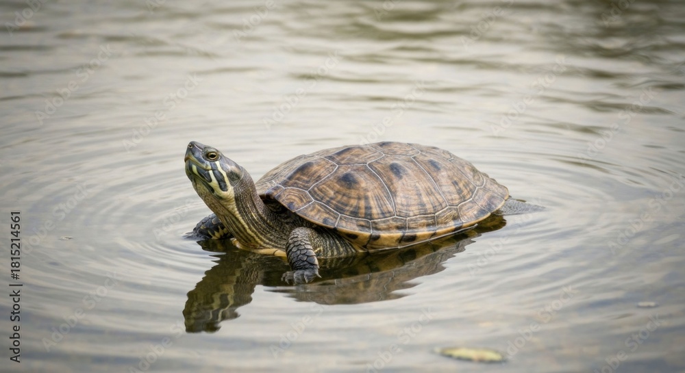 Fototapeta premium A turtle with a striped face rests in gentle ripples of a pond