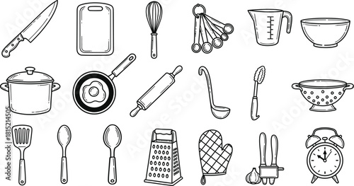 Hand drawn kitchen utensils and tools for cooking and baking