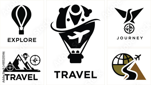 Travel and Explore Icons with Hot Air Balloon Airplane and Compass journey